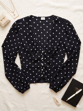 Black Polka Dot Button-Front Blouse